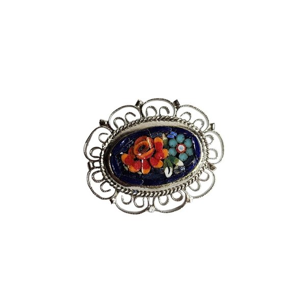 Vintage Micro Mosaic Floral Blue Pink Pietra Dura Brooch Pin Round Filigree - Picture 6 of 10